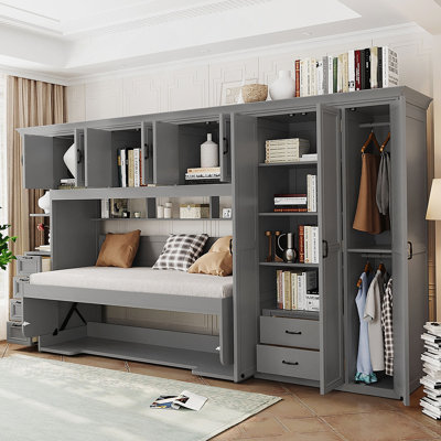 Lit escamotable simple avec garde-robe, armoire et bureau, gris