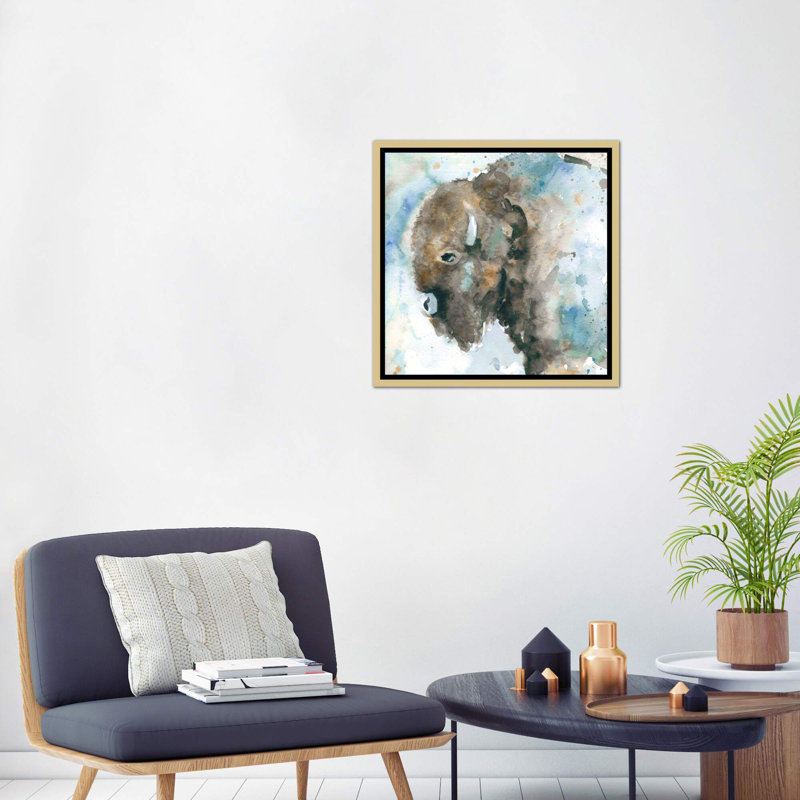 «Buffalo on Blue» par Carol Robinson - reproduction d'art, Toile encadrée d'or, H 18 po x l 18 po x 1,5 po