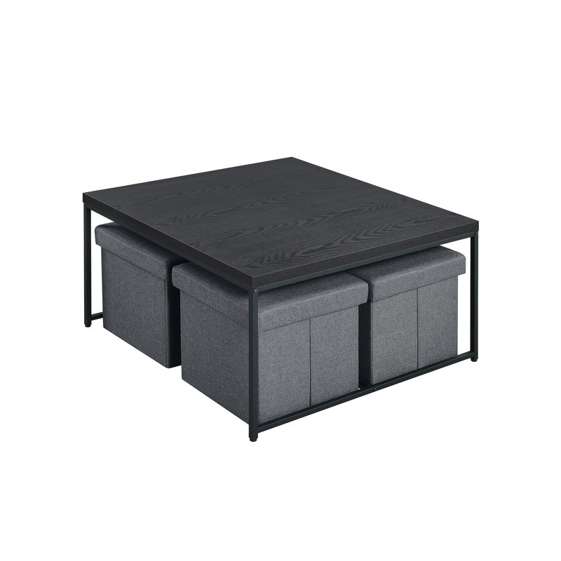 Table à grain de bois noir 35 po, 4 tabourets de rangement, plateau de table, base en métal, pieds réglables disponibles