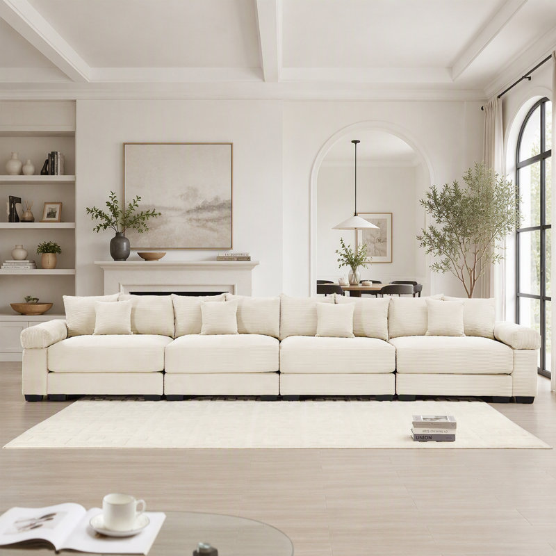 Canapé d'angle modulaire Cloud surdimensionné de 432 cm (170 pouces), velours côtelé de qualité supérieure, accoudoirs extra-épais, coussins à haute résilience, 12 coussins décoratifs, design ergonomique, montage facile, couleur crème