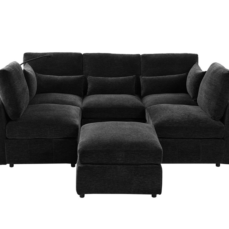 Canapé modulaire en chenille noir de 85,4 po avec deux sièges de charge mobiles, un support pour téléphone et un siège moelleux multifonctionnel en forme de L et un matériau de soutien lombaire confortable