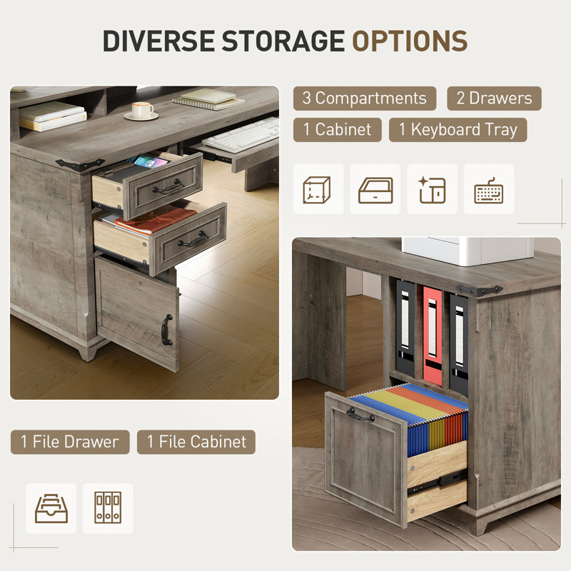  Farmhouse 69" L Shaped Executive Desk with Drawers, Home Office Computer Desk with Charging Station & Monitor Stand, Modern Industrial Corner Desk
