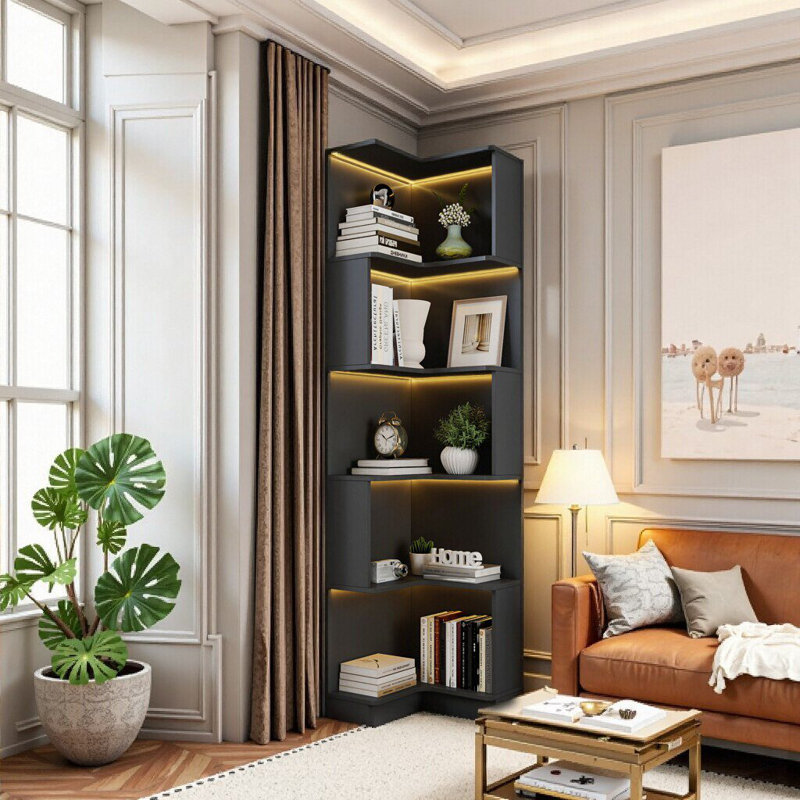5-Tier L-Shaped Corner Bookshelf With LED Lighting & Baffle, Black