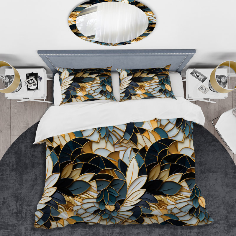 Ensemble de housse de couette riche en mosaïque de marbre bleu et doré, Housse de couette pour grand lit et 2 taies décor