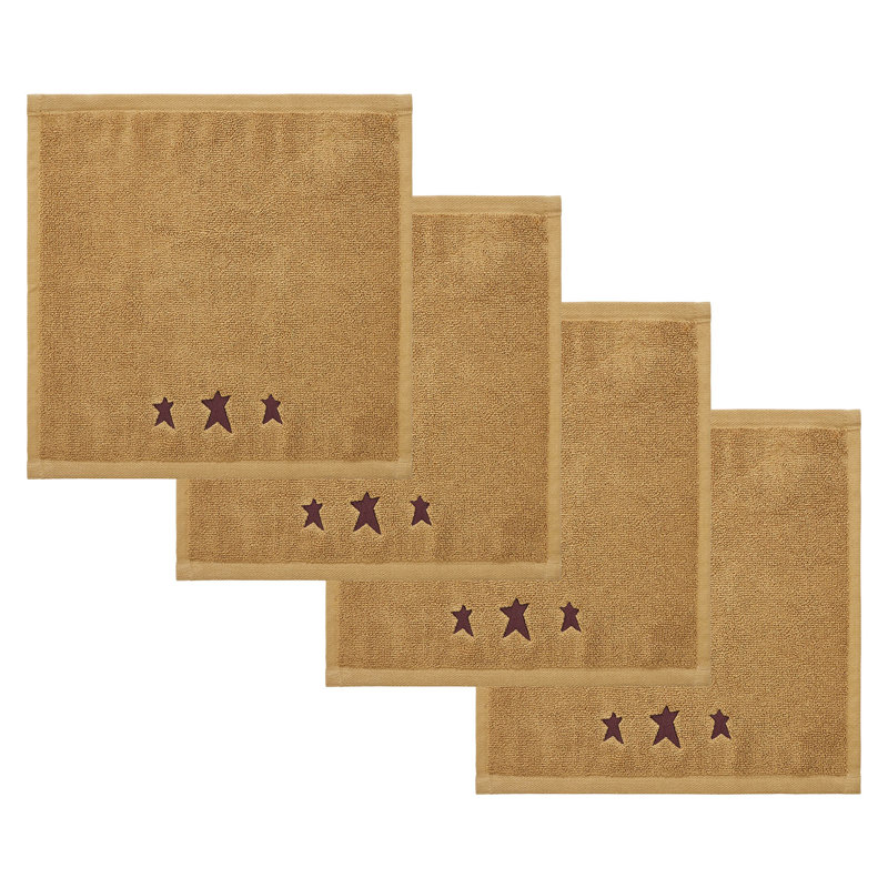 Timeless Linens Burgundy Prim Stars Tan Washcloth Set of 4 12x12, Red/Tan