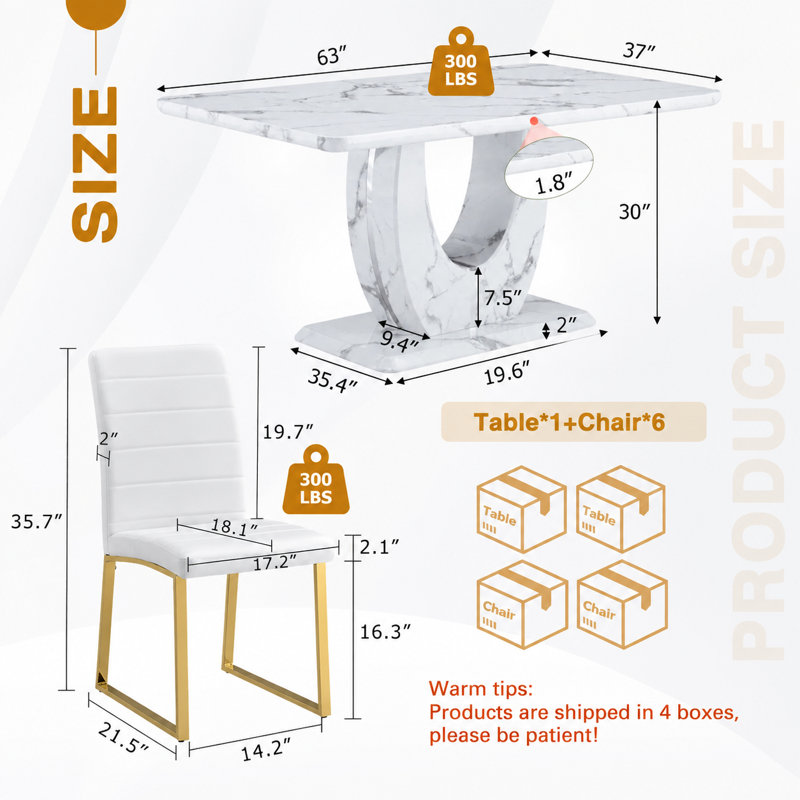 Dining Table Set With PU Leather Upholstered Chairs, 5 Pieces: Table, 4 Chairs, Gold, White