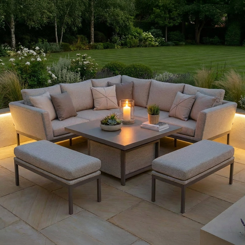 8 - Person Patio Dining Set with Square Table, Latte Cushion/Beige Frame