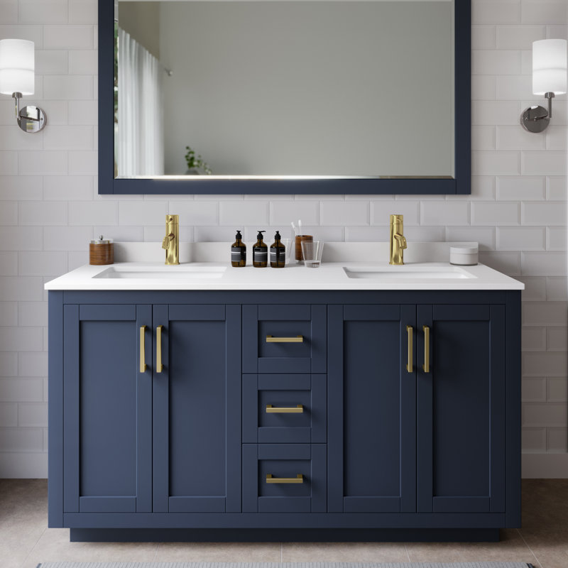 Miranda 60" Freestanding Double Bathroom Vanity with Cultured Marble Top, White Cultured Marble, Brushed Gold, Dark Blue