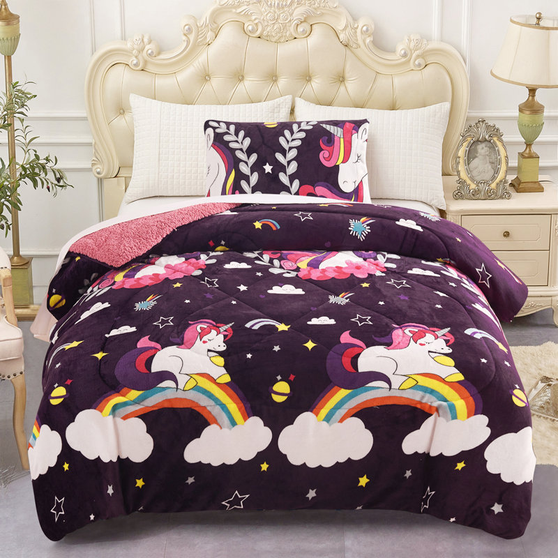 Couverture en sherpa pour enfants avec taies décoratives, Licorne mauve