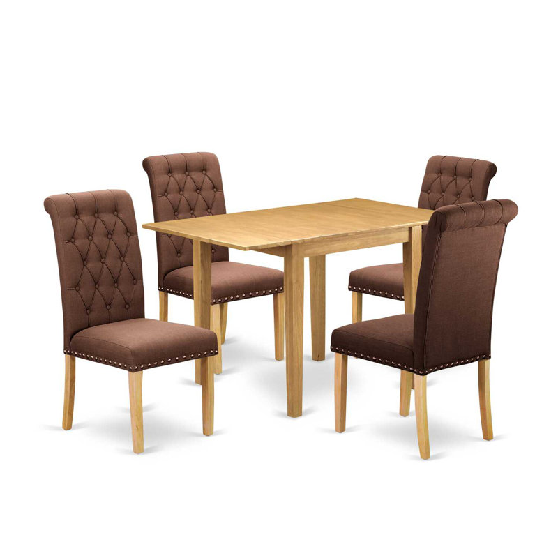 5-Piece Natural Oak Finish Solid Wood Top - Rectangular Dining Room Set with Butterfly Leaf - Seats 4, Brown