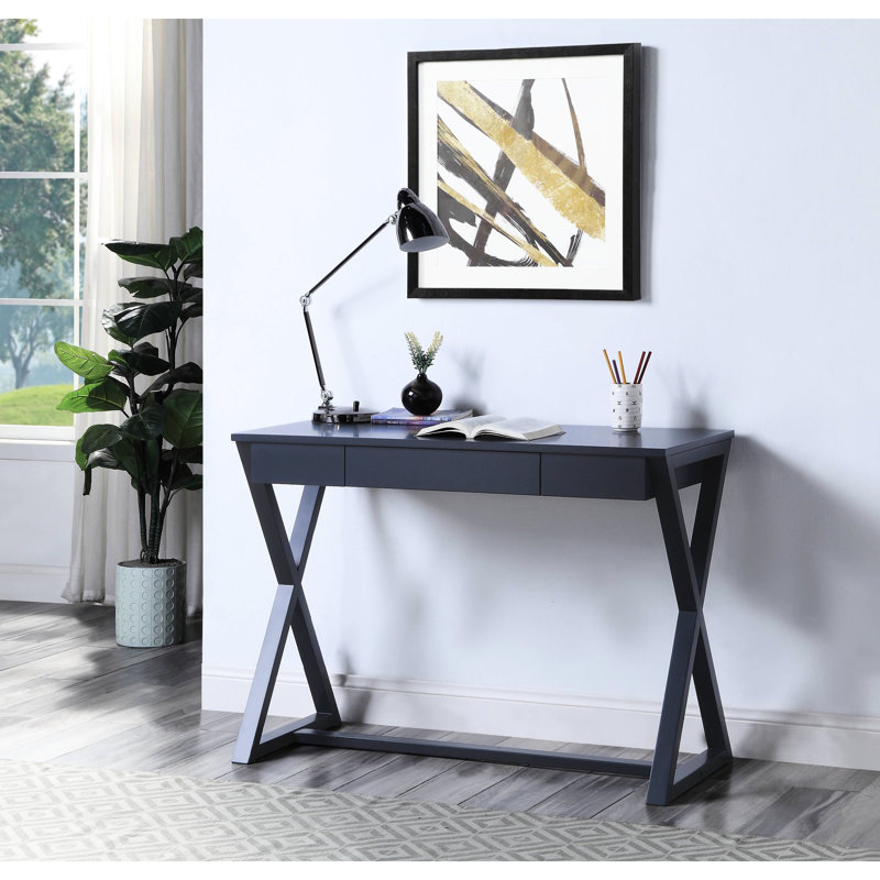 Console gris anthracite avec tiroir de rangement fonctionnel et base rectangulaire en forme de X