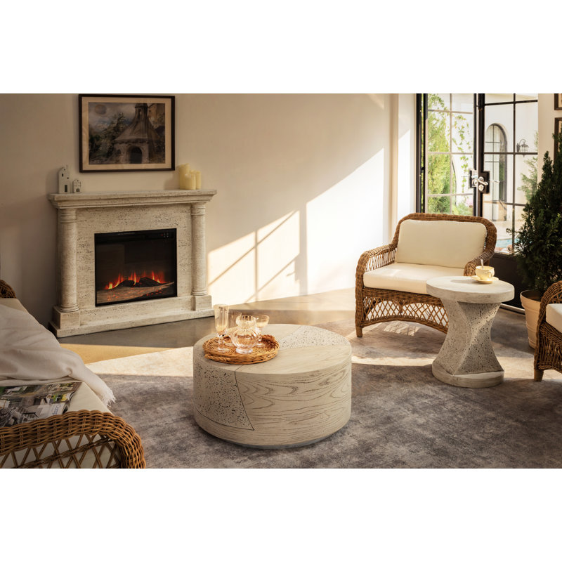 28" Round Natural Travertine Stone Coffee Table, Sahara Oak Travertine
