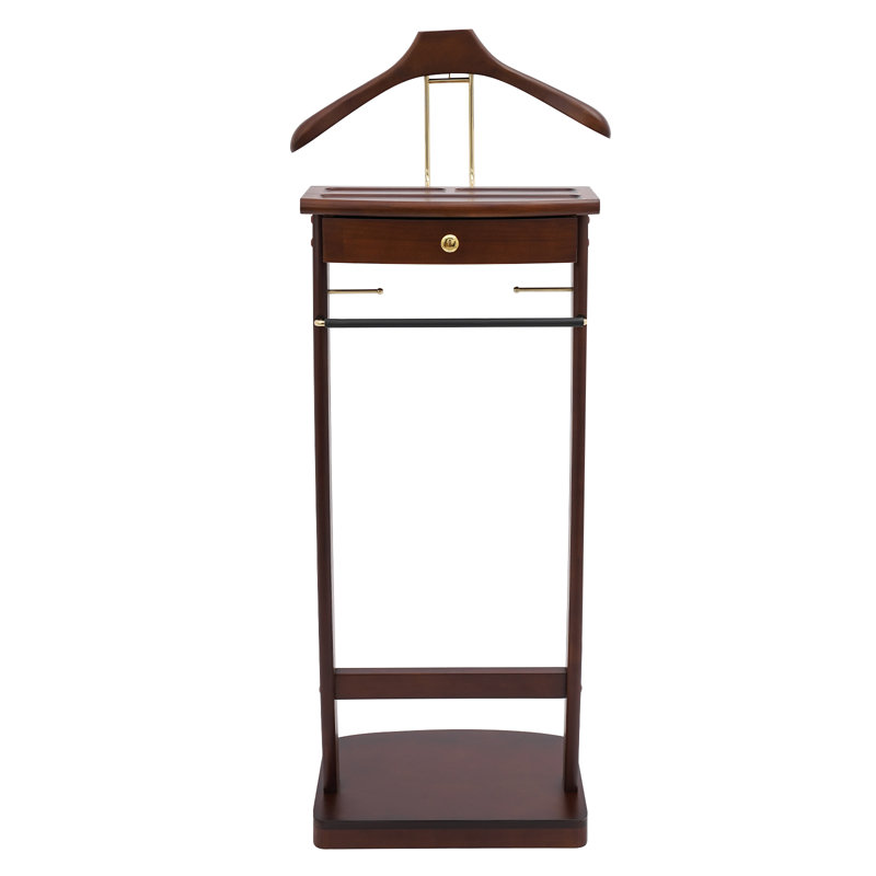 Walnut Freestanding Sturdy Base Wooden Suit Clothes Coat Stand With Drawer