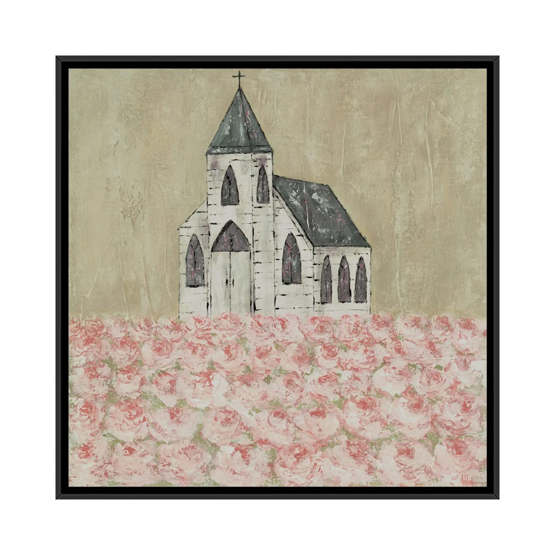 «Church Peony Field» par Ashley Bradley - reproduction imprimée, Toile avec cadre noir, H 12 po x l 12 po x P 1,5 po