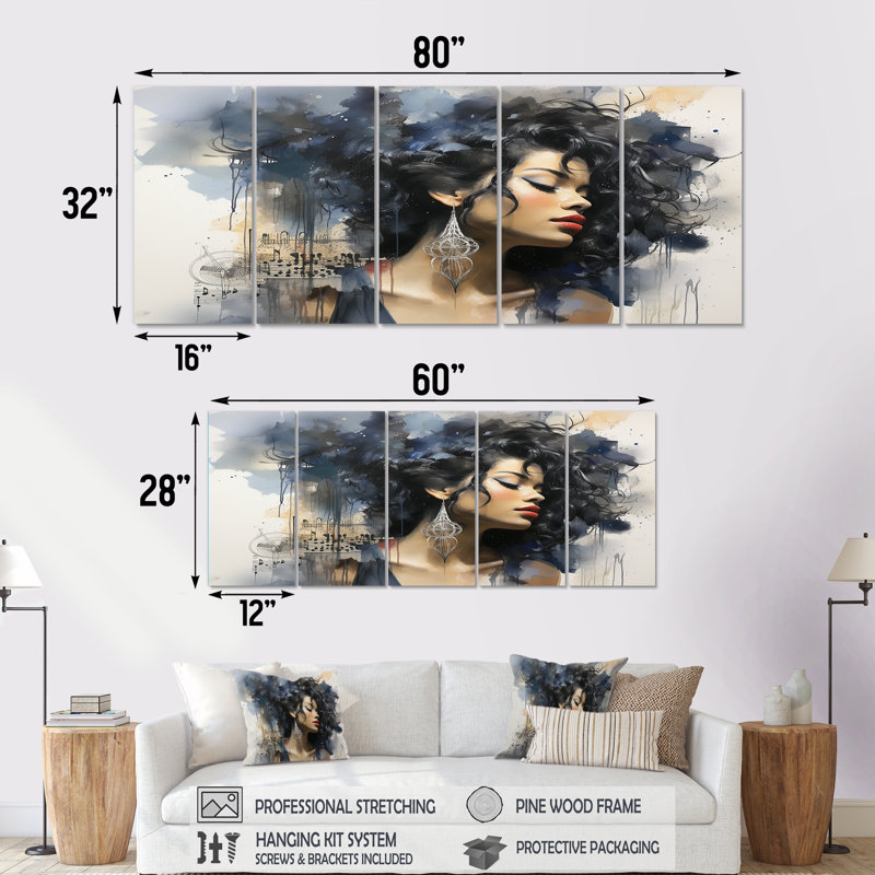 Harlem Renaissance, portrait de femme bleue et noire I - Harlem Renaissance, art mural sur toile 5 pièces, H 28 po x l 60 po