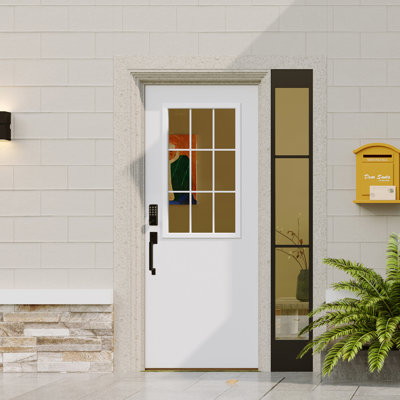 Entry Door Slab With Keypad & Keyed Lock – 9-Lite Clear Glass & Solid Panel, White Primed Solid Wood, Black Long Handle Zinc Alloy Hardware