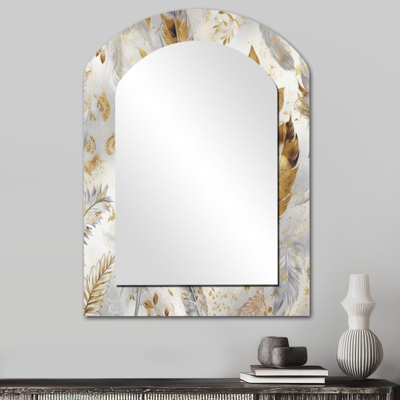 Gold And Silver Impressions Of Bohemian Energy - Boho Feather Arch Mirror, Gold Asymmetrical Decorative Wall Mirror, Printed Metal Art