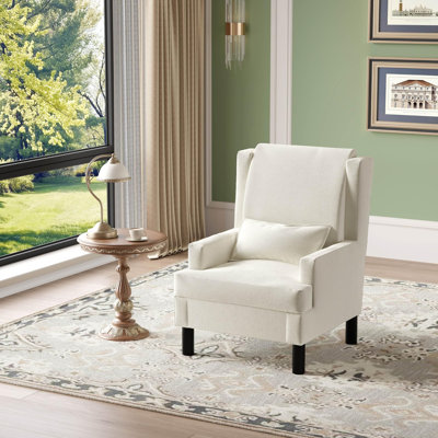 Fauteuil à oreilles Mid-Century moderne en chenille blanc avec dossier haut, coussin moelleux et pieds en bois robustes