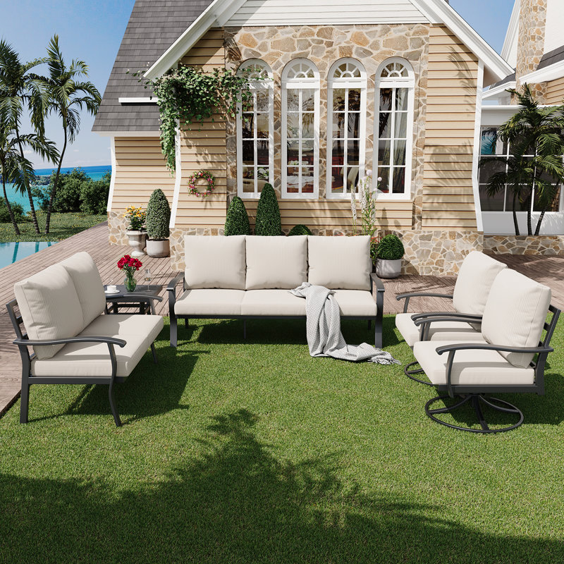5 PCS Outdoor Metal Conversation Set With 360° Swivel Rocking Chairs, Sofa, Loveseat & Coffee Table For Patio, Garden, Deck Or Poolside