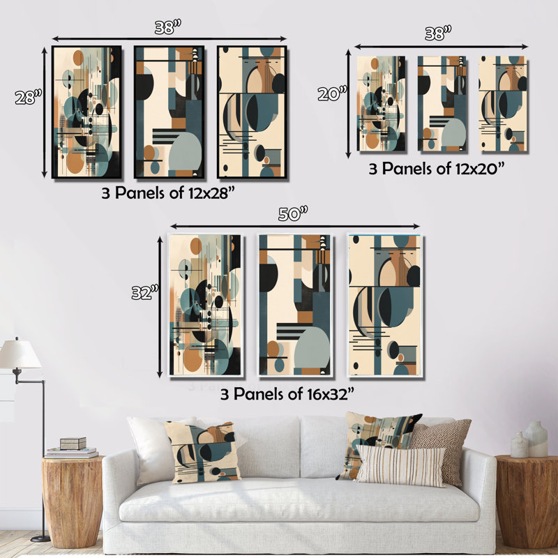 «Blue and Black Geometric Shadows», 3 pièces sur toile, Toile tendue, H 40 po x l 60 po