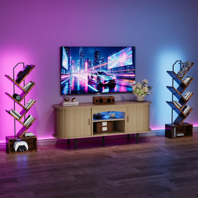 55" Fluted TV Stand with Storage for TVs Up to 65", Walnut | Mid Century Entertainment Center for Living Room, Media Console Table with Sliding Tambour Door, LED Lights, Power Outlet