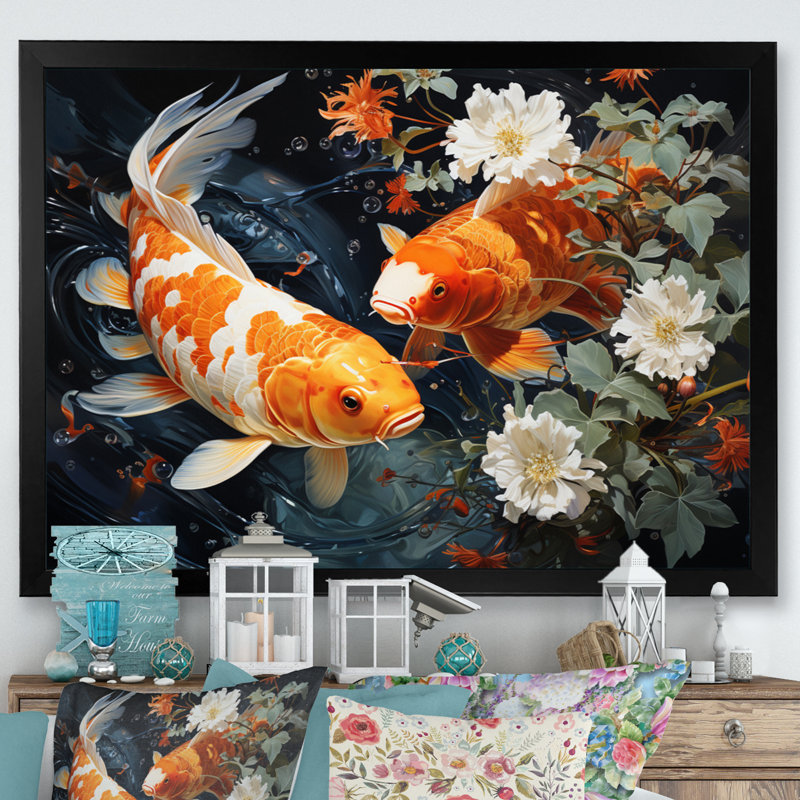 Asian Art Koi Dance II - reproduction d'art, H 16 po x l 32 po x P 1 po, Cadre photo noir
