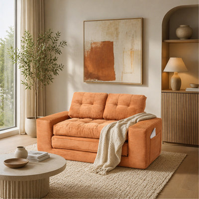 Canapé-lit à causeuse avec mousse à mémoire de forme et structure en acier - sans assemblage, conception convertible 2-en-1, tissu en velours côtelé - canapé compact pour les petits espaces, les appartements, le bureau à domicile et la chambre à coucher (orange)