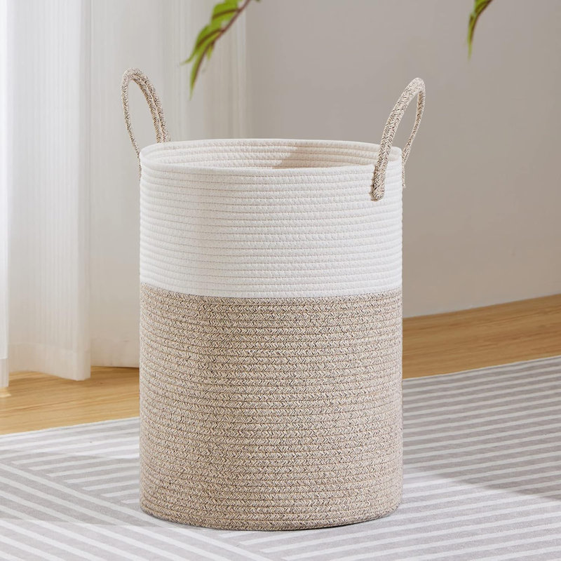Large White and Beige Cotton Rope Upright Laundry Hamper
