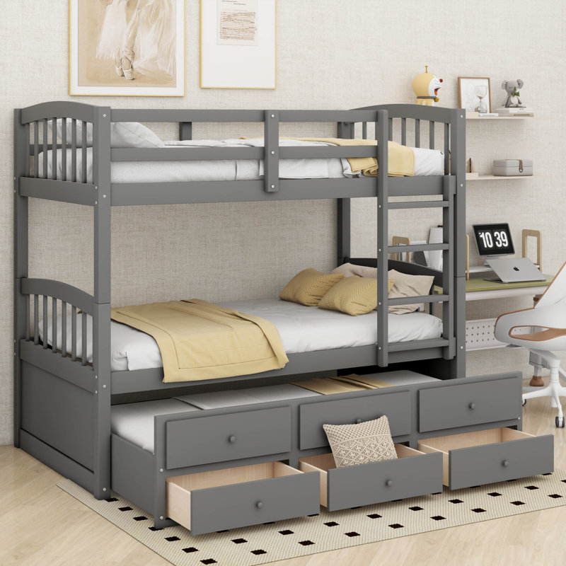 Jionnie Kids Twin Over Twin Bunk Bed with Trundle, Gray