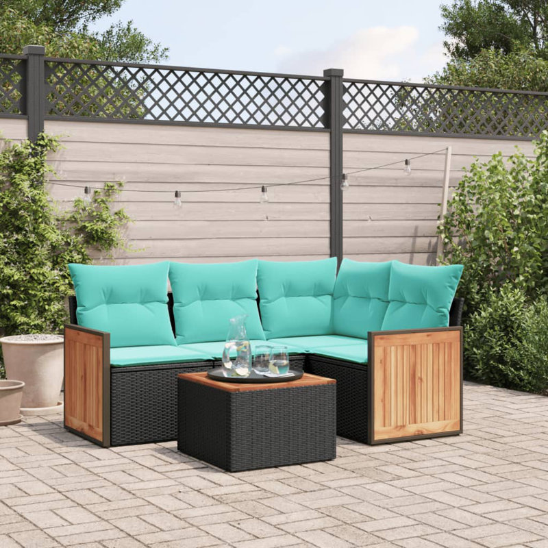  Ensemble de canapé de patio 5 pièces avec coussins en rotin de polyester noir