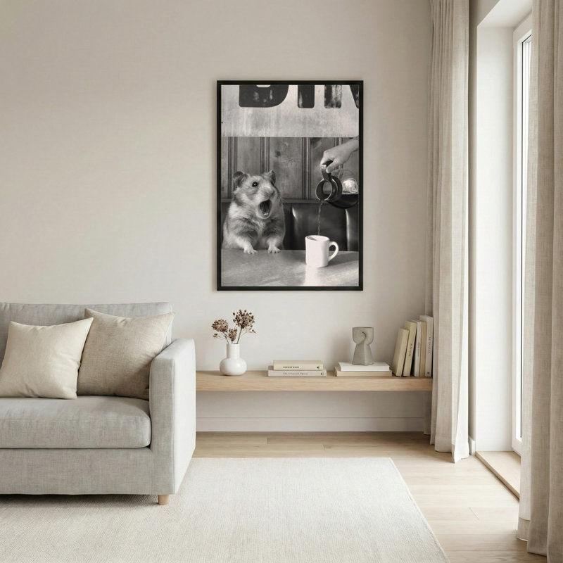 Toile noire encadrée en bois noir pour salon, chambre à coucher, bureau ou vestibule - décoration murale décorative avec thé de hamster