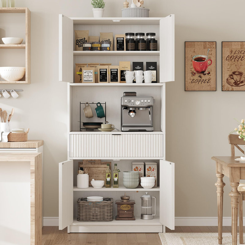 Armoire de cuisine de 70 pouces de hauteur avec comptoir, huche cannelée avec tiroir et tablettes réglables, armoire autoportante, blanc