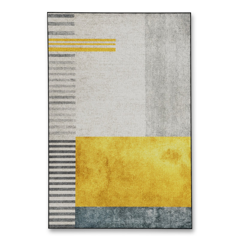 Tapis jaune tissé à motif géométrique lavable Mosso, 2 pi 6 po x 4 pi 11 po
