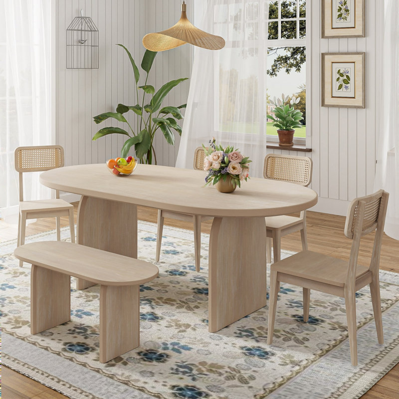 Ensemble 6 pièces de table et chaises de cuisine avec chaises et banc en bois massif, Naturel