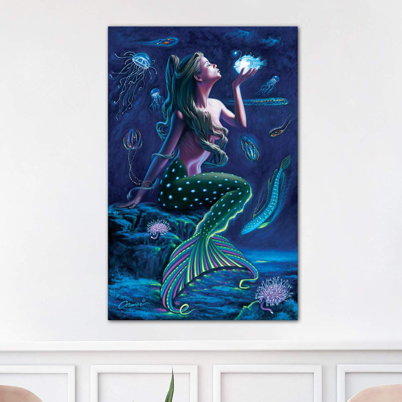 Bioluminescent Mermaid by Wil Cormier - Wrapped Canvas Painting, 66.04 cm H x 45.72 cm W x 1.91 cm D