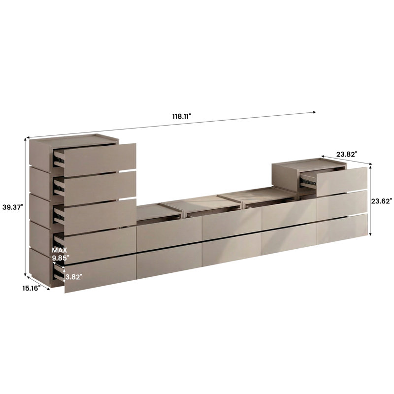 Heckman Modern Modular Light Oak TV Stand With 14 Drawers, Modular Assembly, Beige
