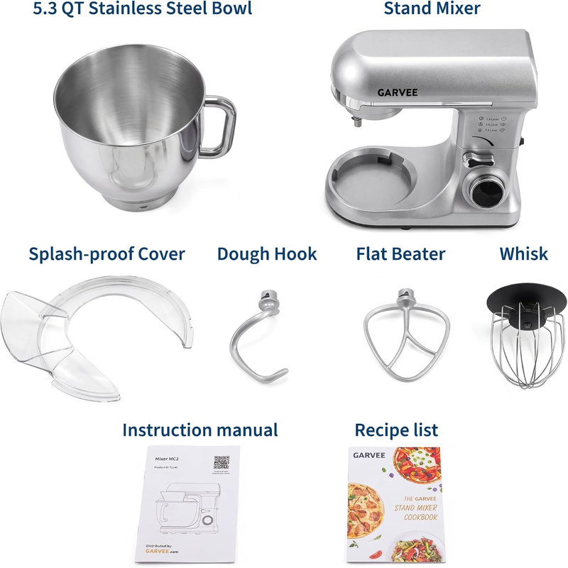 5.3 QT Tilt-Head Stand Mixer, 8-Speed, 500W, Silver
