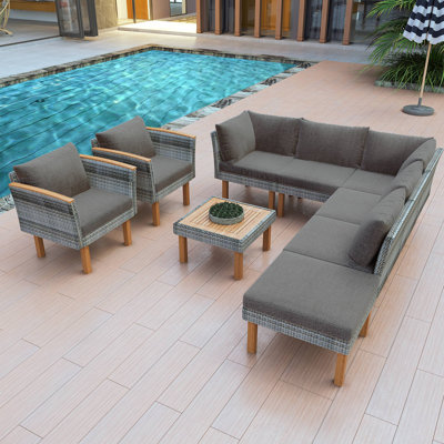 Patio Rattan Furniture Set, Outdoor Conversation Set With Acacia Wood Legs And Tabletop, PE Rattan Sectional Sofa Set With Coffee Table, Washable Cush