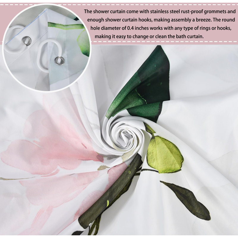 1PC Sage Green-Hummingbird Aesthetic Blooming Waterproof Bath Curtains with Hooks, 152.4cm H x 182.88cm W