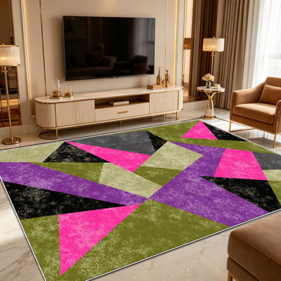 Tapis d'intérieur à triangles violets et verts (1 pièce), élégant et polyvalent. Facile à nettoyer et à entretenir, il est idéal pour la chambre, le salon, le corridor, l'entrée, une chambre d'étudiant ou un bureau, et apporte une touche de fraîcheur à votre intérieur.