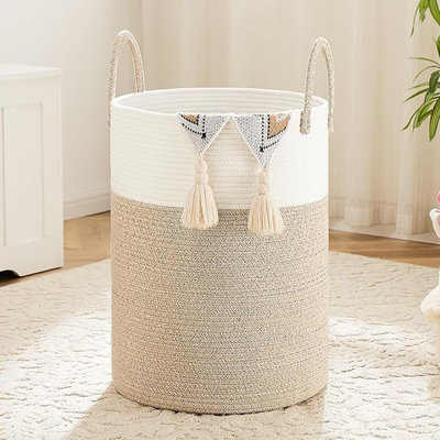 Panier à linge, panier à linge en corde de coton tissé, 60 l pour le rangement des vêtements, des jouets et des couvertures dans la salle de bain, la chambre de bébé et le salon
