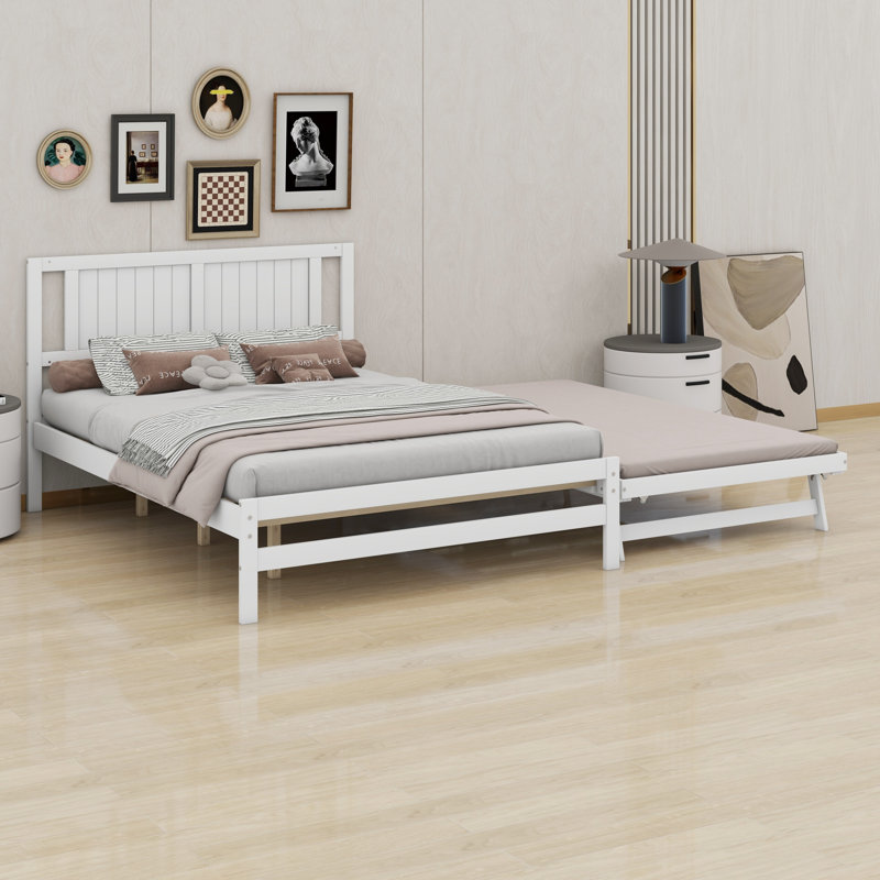 Platform Bed With Adjustable Trundle, White