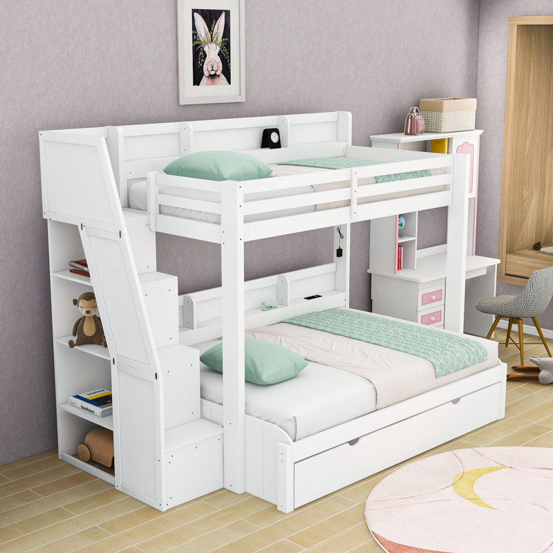 Twin Over Full Bunk Bed with LED Lighting, USB Charging Port, Storage Staircase, and Twin Trundle, White