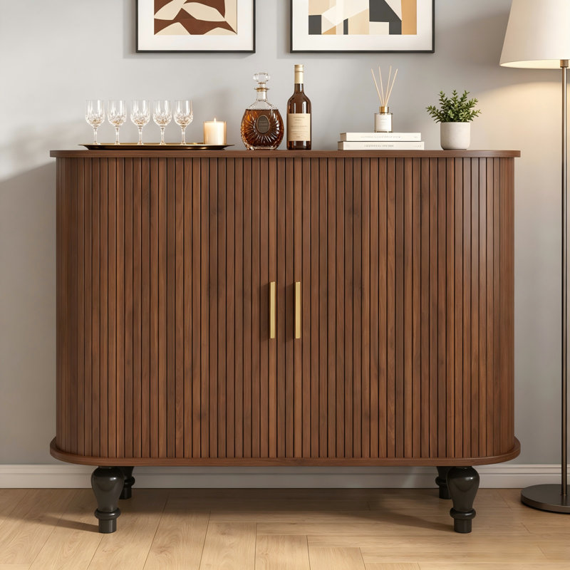 Fluted Bar Cabinet, Walnut Liquor Coffee Station With Wine Racks, Glass Holders & Drawer, Walnut