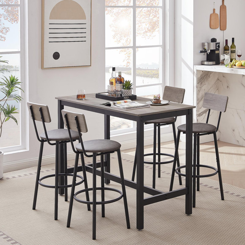 Ensemble de table de bar avec 4 tabourets de bar en polyuréthane avec dossier, gris, l 47,24 po x l 23,62 po x H 35,43 po