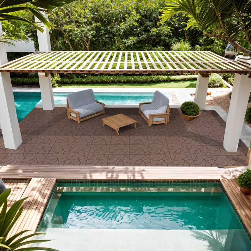 Brown Faux Stone Pattern Interlocking Outdoor Deck Tiles, 12" x 12"