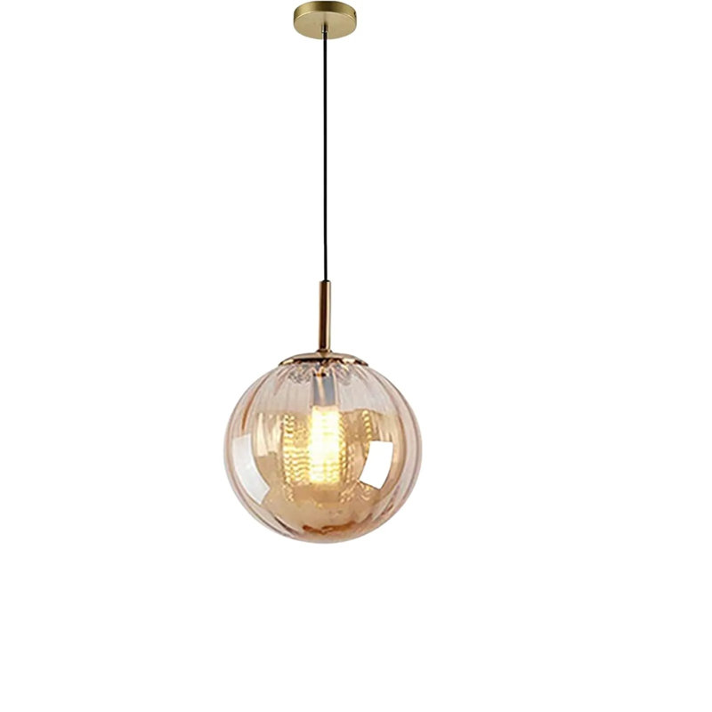 Modern Indoor Pendant Light – Ribbed Globe Glass Shade Ceiling Light for Kitchen, Amber