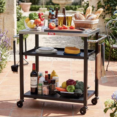 Feasto 33'' H x 34'' W Rolling Utility Cart with Wheels, Adjustable Middle Shelf Outdoor Grill Cart with Stainless Steel Tabletop