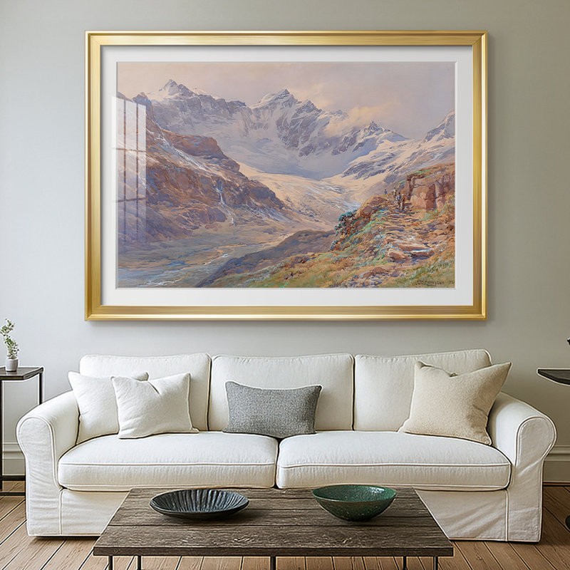 Paysage alpin avec les randonneurs - Edward Theodore Compton - reproduction encadrée avec passe-partout et verre - 1902, Or