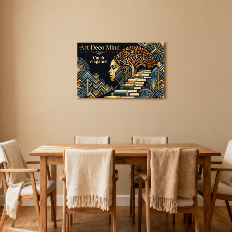 Ensemble de 1 tableau sur toile Art déco représentant un arbre et des livres, H 28 po x l 40 po